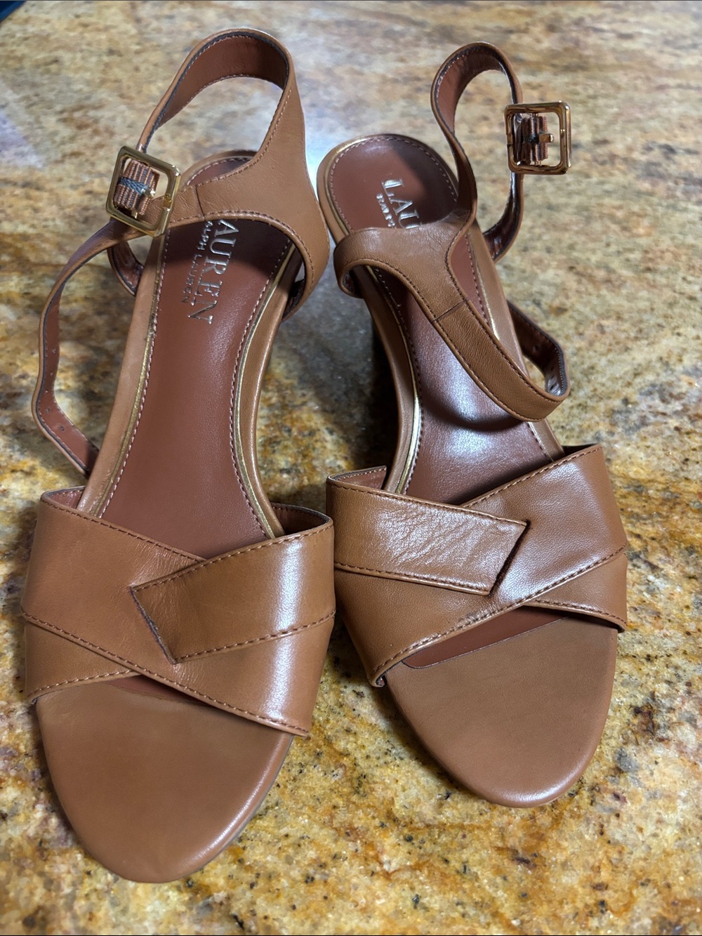 Lauren Ralph Lauren Brown Leather Crisscross Slingback Sandals